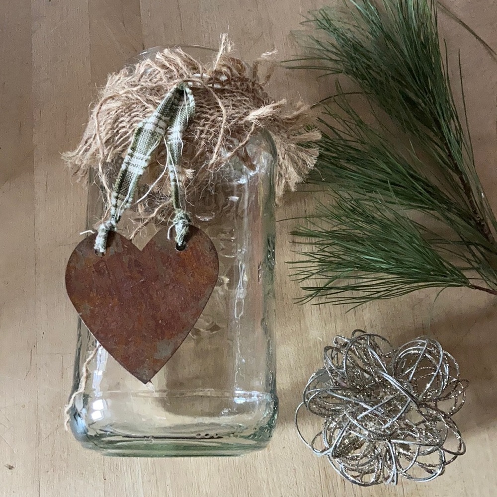 Light Up Decor Rustic Farmhouse 20 oz Glass Decorative Jar Rusty Heart Burlap - Picture 4 of 8